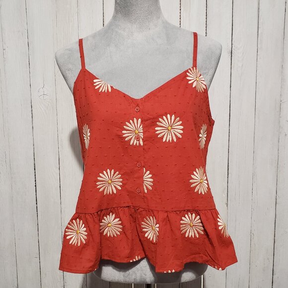 NEW Loft M Red Orange Embroidered Peplum Tank Top Cottage Boho Coastal Artsy Y2K - Picture 1 of 6